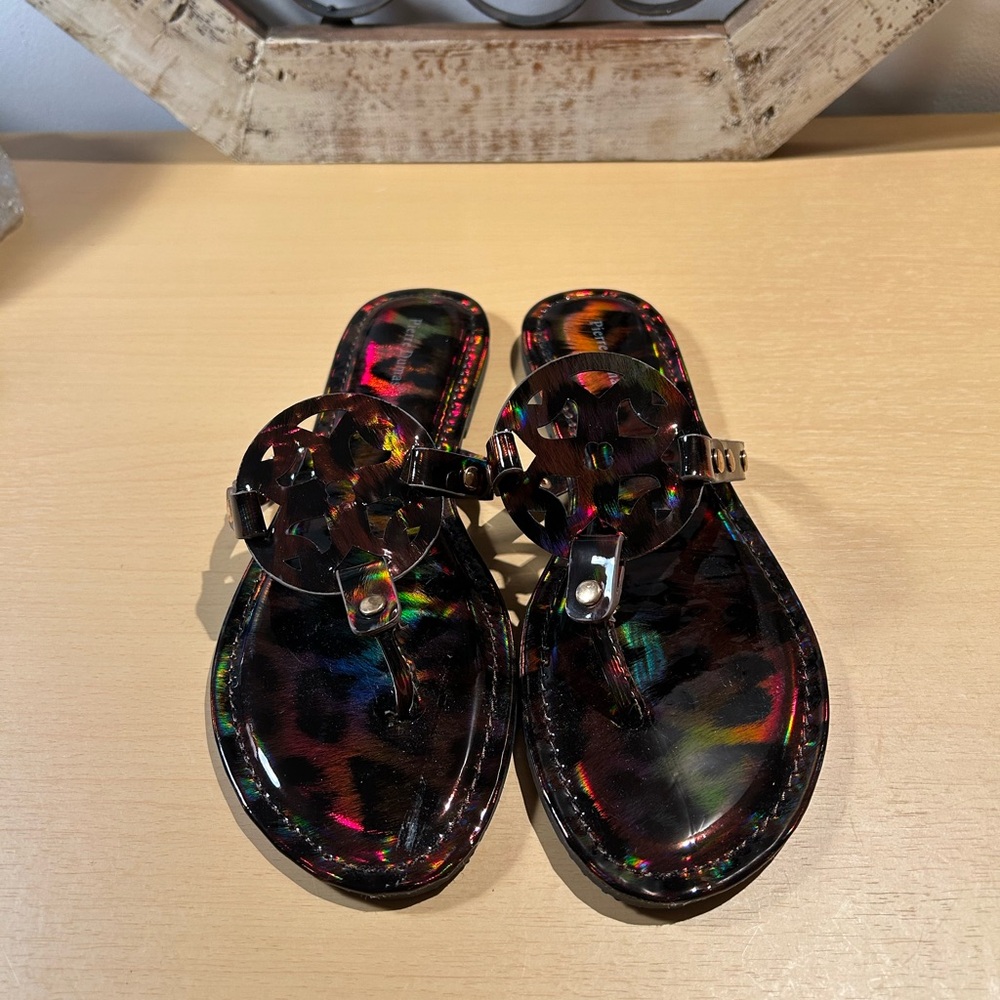 Black T-Strap Sandals with Glossy Finish
